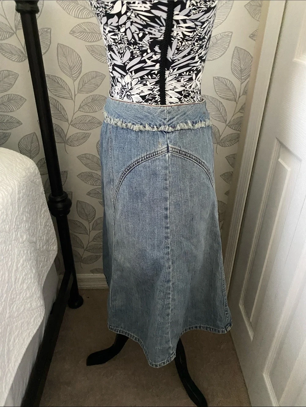 Sigrid Olsen Light Blue Distressed Fray Edge Waist Fit and Flare Denim Skirt